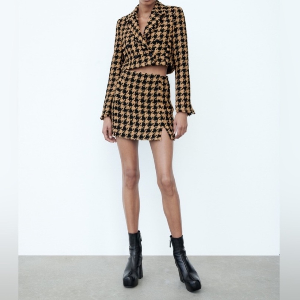 Zara Textured Herringbone Jacket & Skirt Set